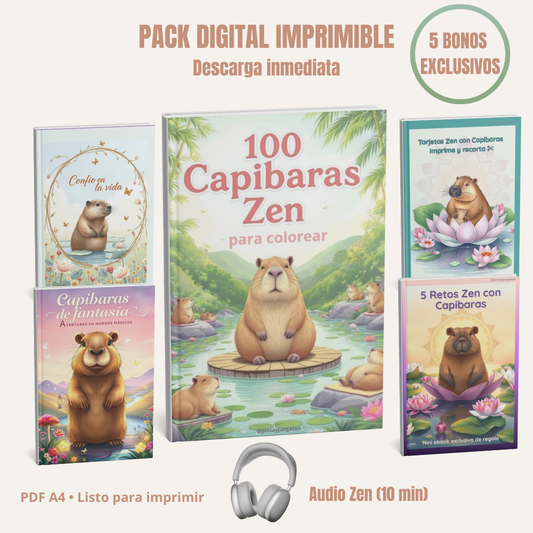 🎧 100 Capibaras Zen para Colorear (PDF Imprimible) + Bonos + Audio