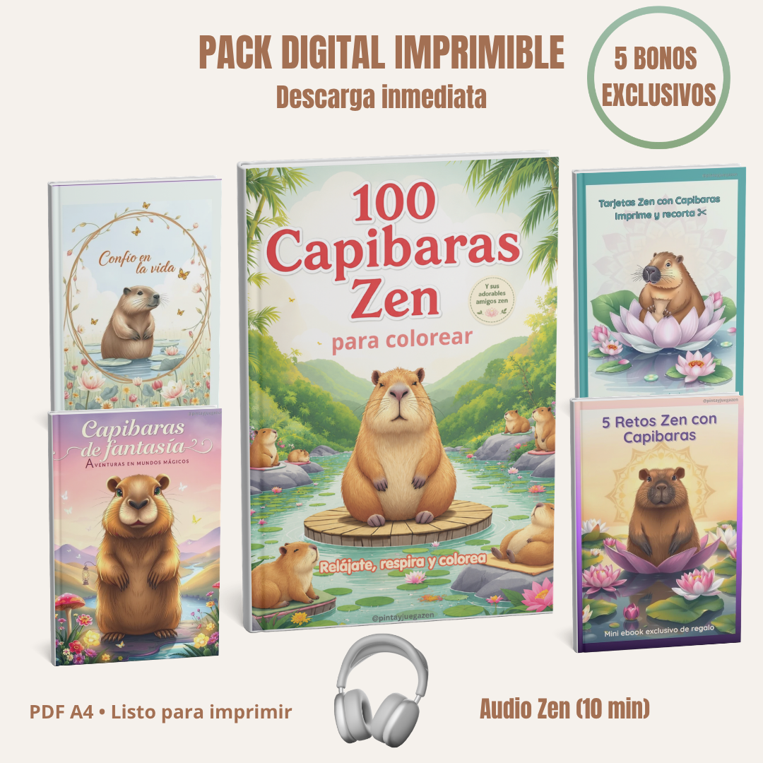 100 Capibaras Zen para Colorear + Audio Relajante y Bonos