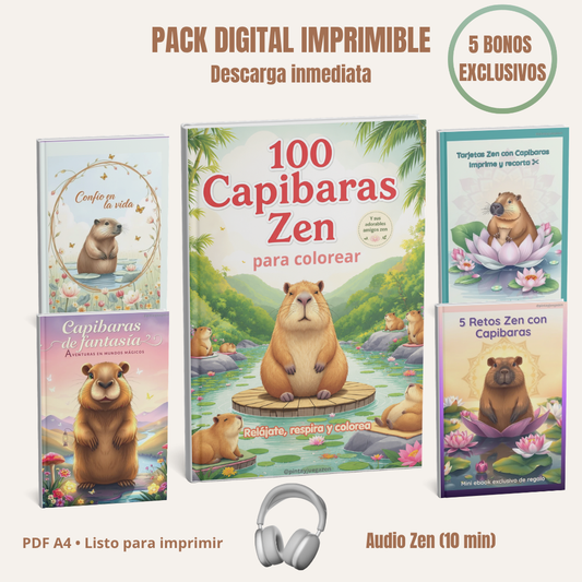 100 Capibaras Zen para Colorear + Audio Relajante y Bonos