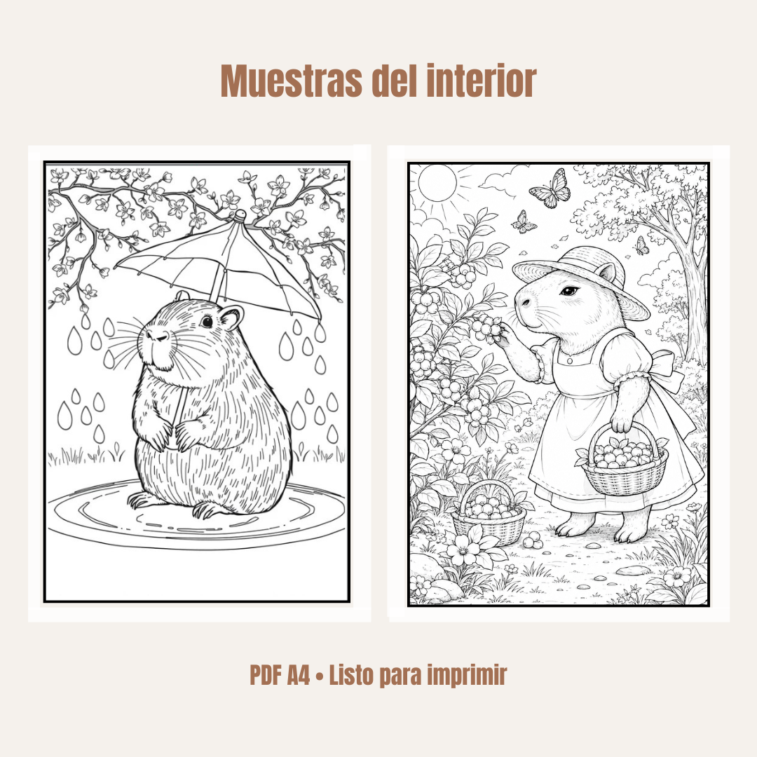 100 Capibaras Zen para Colorear + Audio Relajante y Bonos