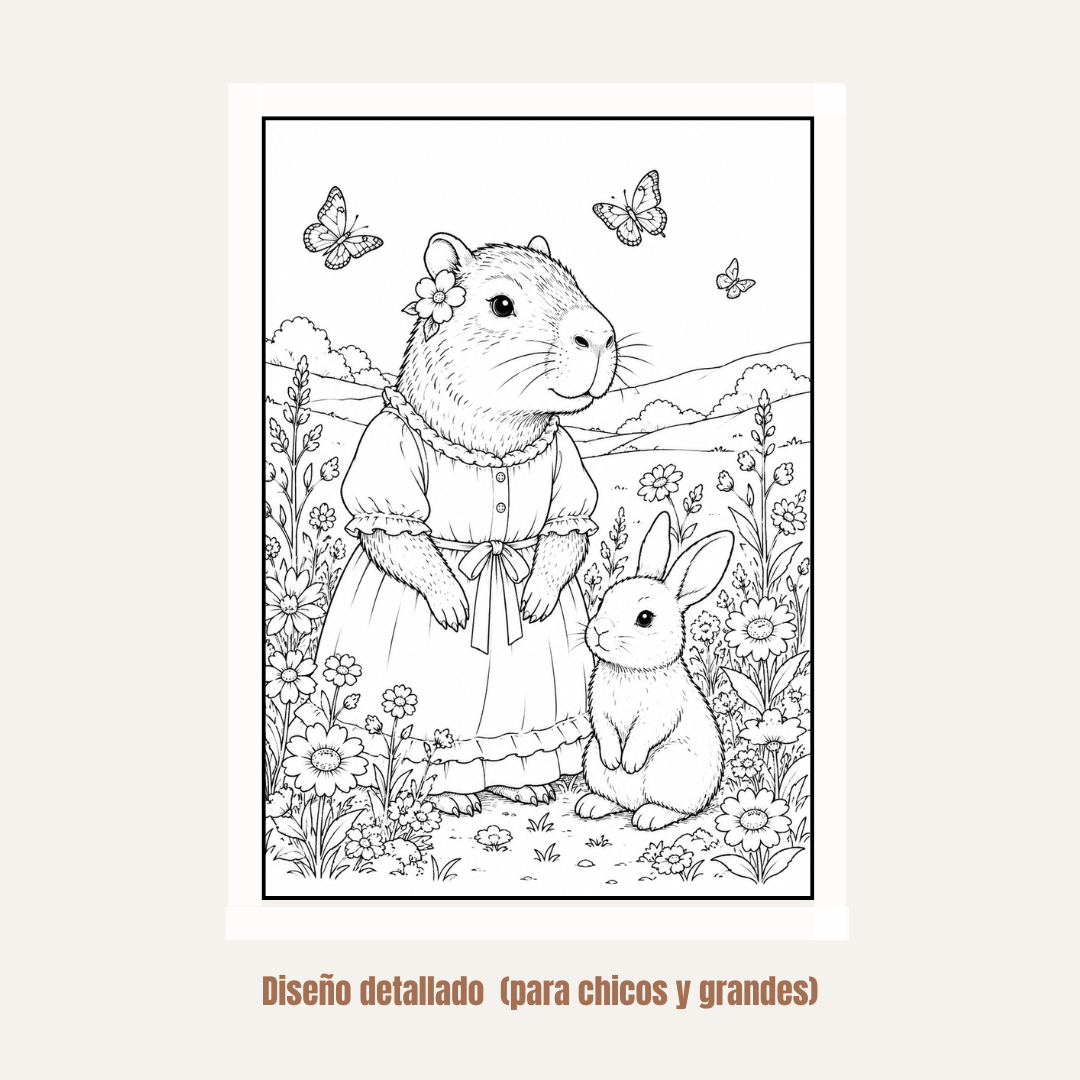 100 Capibaras Zen para Colorear + Audio Relajante y Bonos
