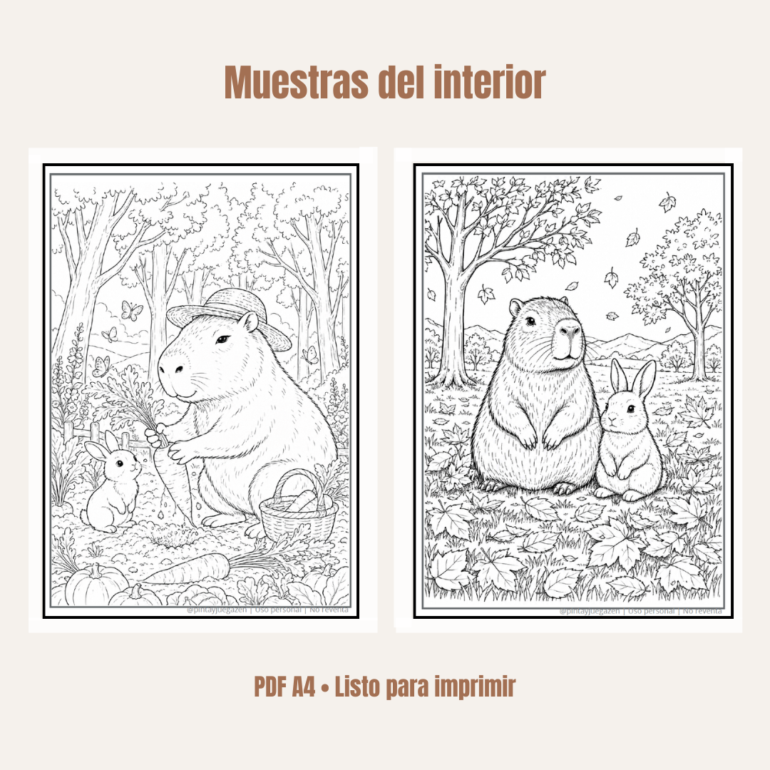 100 Capibaras Zen para Colorear + Audio Relajante y Bonos