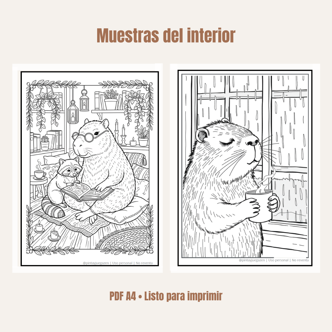 100 Capibaras Zen para Colorear + Audio Relajante y Bonos