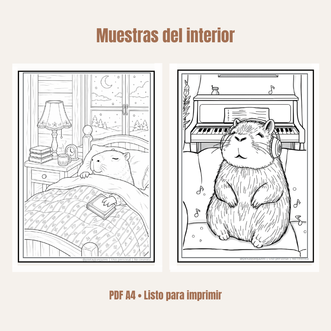 100 Capibaras Zen para Colorear + Audio Relajante y Bonos