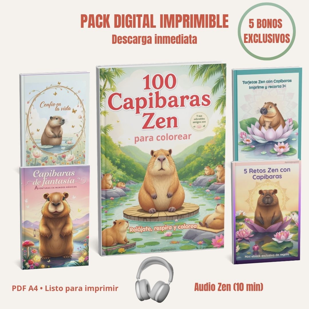 100 Capibaras Zen para Colorear + Audio Relajante y Bonos
